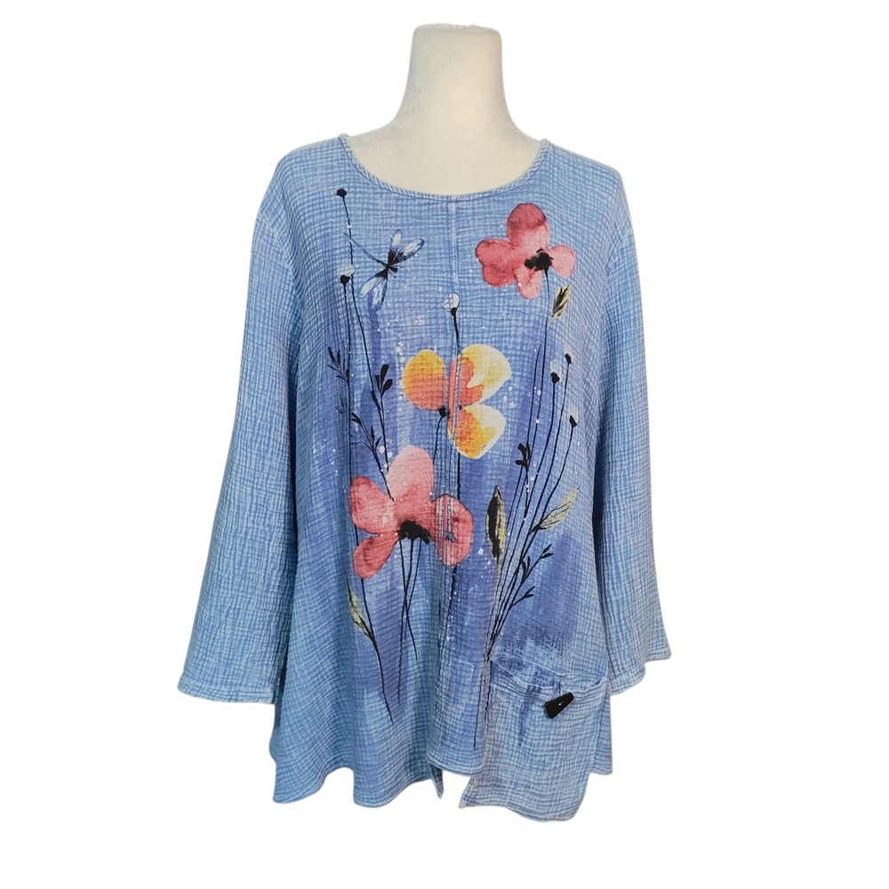 Jess & Jane Blue Gauze Tunic Blouse Floral Dragonfly Print Lagenlook Artsy XL
